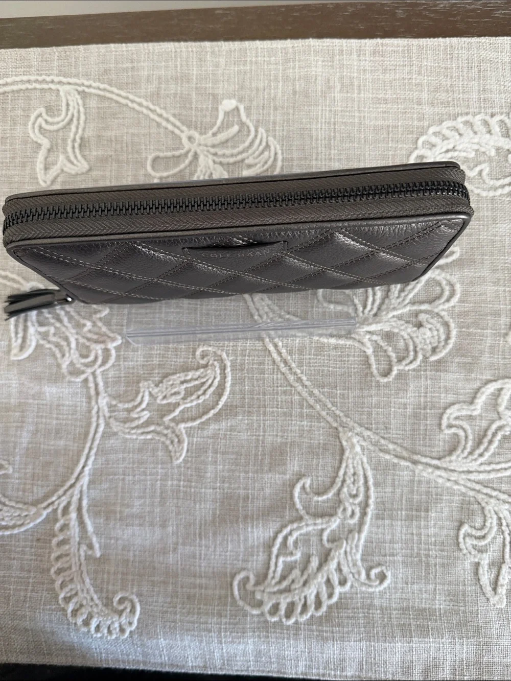 Cole Haan Quilted Metallic Grey Pewter Zip Around Wallet with Tassel Pull